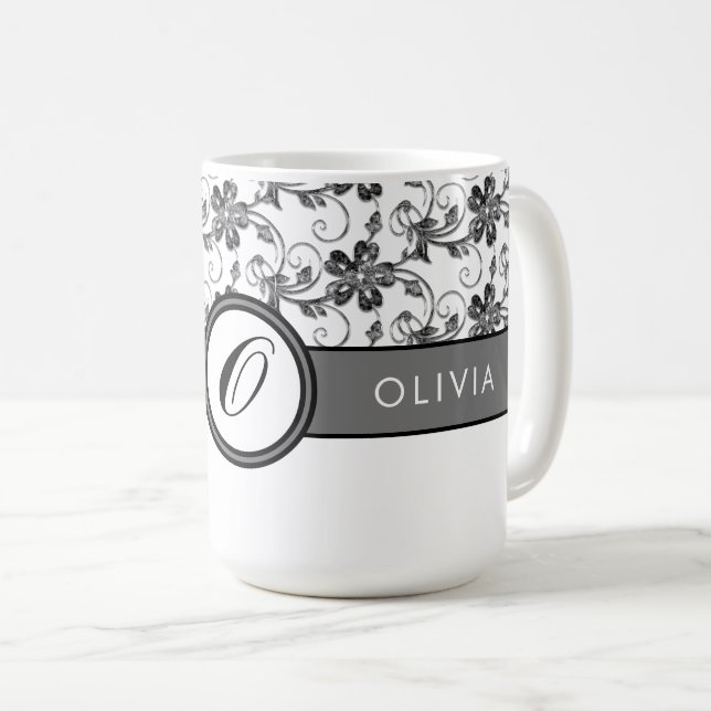 Taza De Café Elegante Monograma y Patrón Floral Negro (Anverso derecho)