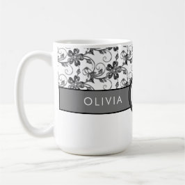 Taza De Café Elegante Monograma y Patrón Floral Negro