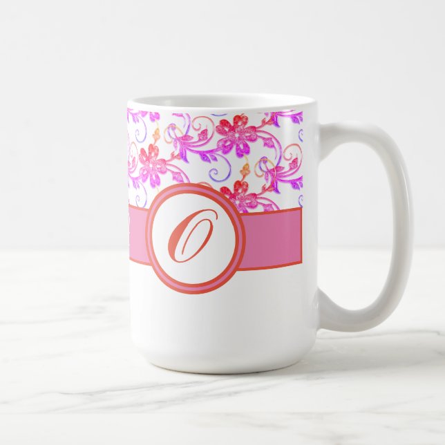 Taza De Café Elegante Monograma y Patrón Floral Rosa (Derecha)