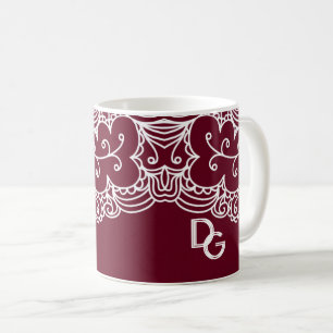 Taza De Café Elegante Monogramo de encaje blanco de Borgoña