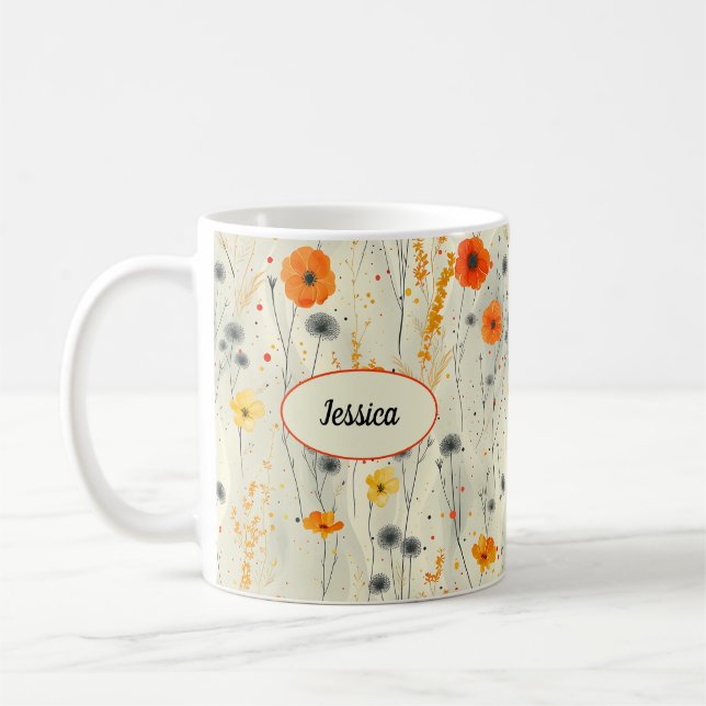 Taza De Café Elegante Naranja Moda Elegante Flores Modernas (Izquierda)