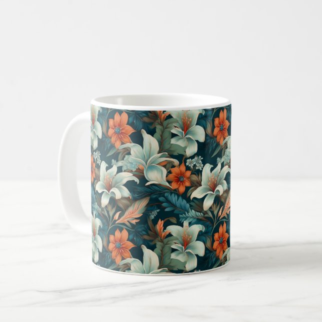 Taza De Café Elegante Naranja Turquesa Flor Patrón Floral (Anverso izquierdo)