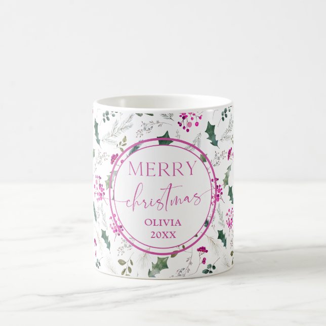 Taza De Café Elegante Navidades de Pink Holly Berries (Centro)