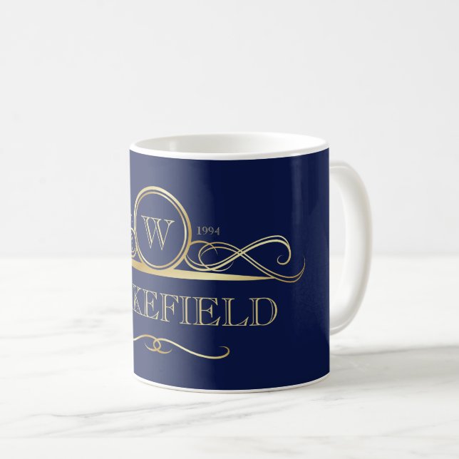 Taza De Café Elegante Navy y Faux Gold Ornate Monograma (Anverso derecho)