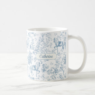 Taza De Café Elegante Nombre Floral de Toile Ecuestre Azul