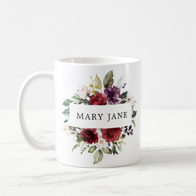 Taza De Café Elegante nombre floral en acuarela burdeos (Izquierda)