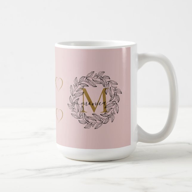Taza De Café Elegante nombre floral Monograma inicial negro ros (Derecha)