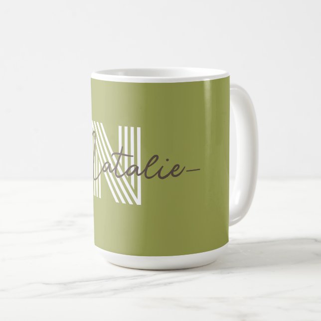 Taza De Café Elegante nombre inicial y guión Olive green lindo (Anverso derecho)