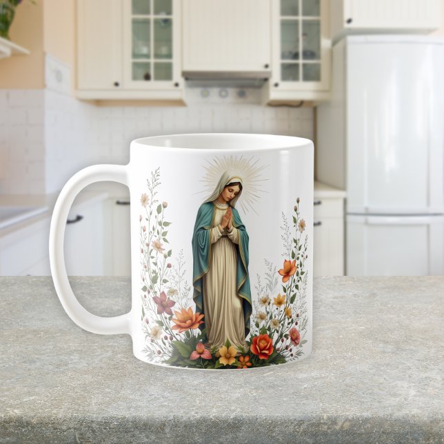 Taza De Café Elegante Oración de la Virgen María Católica (Elegant Floral Catholic Virgin Mary Prayer Coffee Mug)