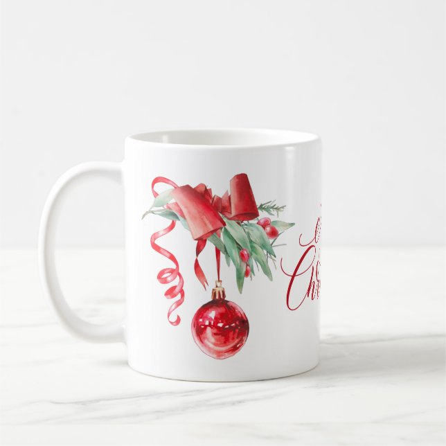 Taza De Café Elegante Ornamento Rojo Feliz Navidad (Izquierda)