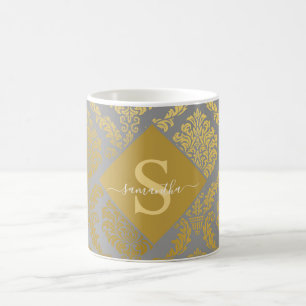 Taza De Café Elegante oro y gris Damask Personalizado 