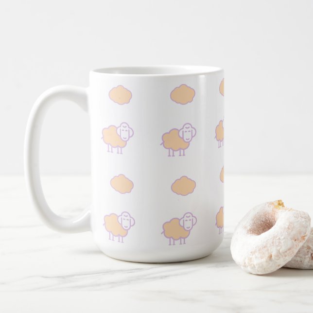 Taza De Café Elegante Oveja Rosa Cuta Con Patrón De Nubes (Con donut)