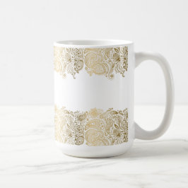 Taza De Café Elegante Paisley De Oro Y Floral Blanca