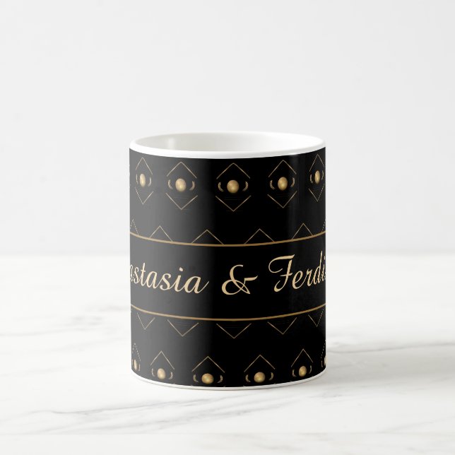Taza De Café Elegante Pareja Oro Patrón Negro Personalizado (Centro)