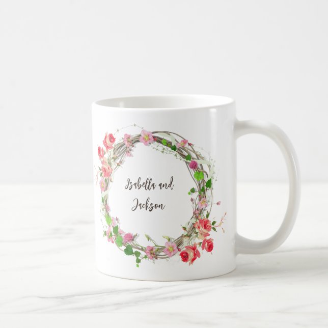 Taza De Café elegante pareja personalizada/nombre único floral (Derecha)