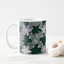 Taza De Café Elegante patrón de encaje floral en verde y blanco