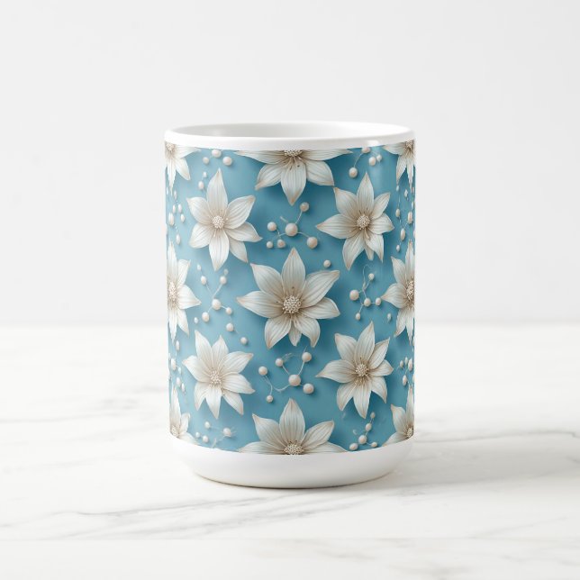 Taza De Café Elegante patrón de flores blancas con perlas (Centro)