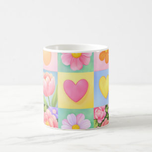 Taza De Café Elegante patrón de tablero de ajedrez floral abstr
