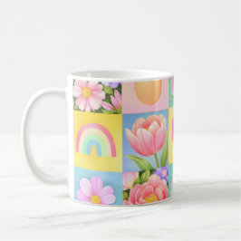 Taza De Café Elegante patrón de tablero de ajedrez floral abstr