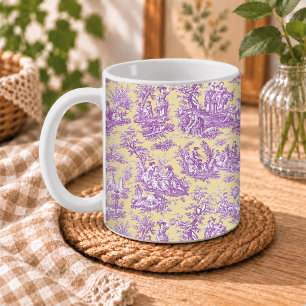 Taza De Café Elegante patrón de toile vintage amarillo púrpura