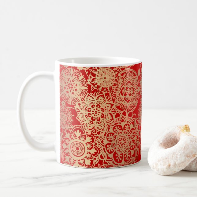 Taza De Café Elegante patrón dorado rojo Mandala (Con donut)