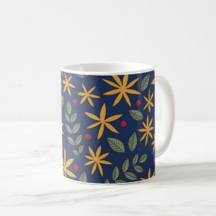 Taza De Café Elegante patrón floral amarillo en azul