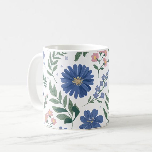 Taza De Café Elegante patrón floral azul con vegetación fresca (Anverso izquierdo)