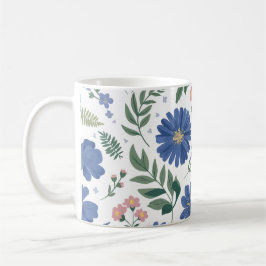 Taza De Café Elegante patrón floral azul con vegetación fresca