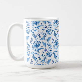 Taza De Café Elegante Patrón Floral Azul Monograma Vintage