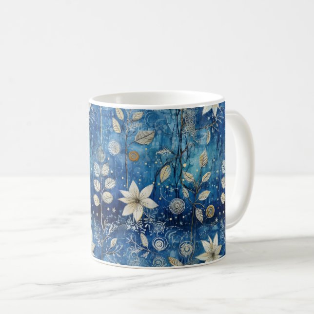 Taza De Café Elegante patrón floral azul y blanco sin soldadura (Anverso derecho)