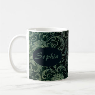 Taza De Café Elegante patrón floral de damasco verde vintage