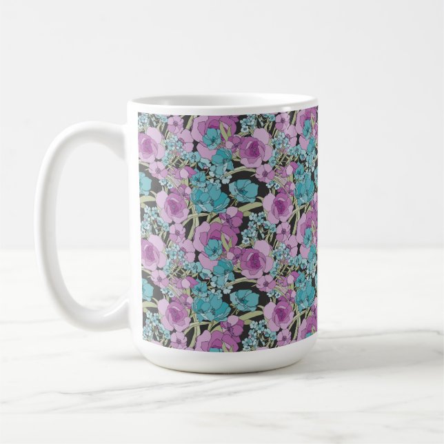 Taza De Café Elegante patrón floral Púrpura Púrpura Negro Backg (Izquierda)