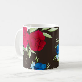 Taza De Café Elegante patrón floral rojo azul sobre marrón oscu