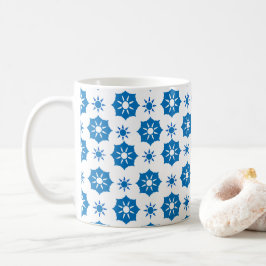 Taza De Café Elegante Patrón Geométrico Floral Azul Y Blanco
