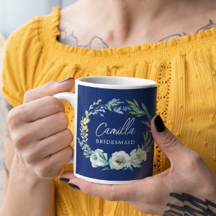 Taza De Café Elegante Personalizado floral azul de la marina re