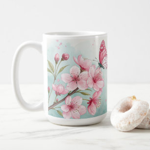 Taza De Café Elegante Personalizado Floral Azul y Mariposa