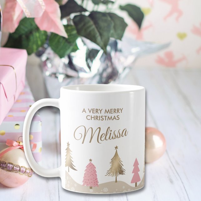 Taza De Café Elegante pino de oro rosa Feliz Navidad (Subido por el creador)