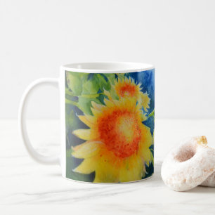 Taza De Café Elegante pintura de girasol en acuarela