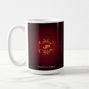 Taza De Café Elegante plantilla de monograma de damasco rojo cl