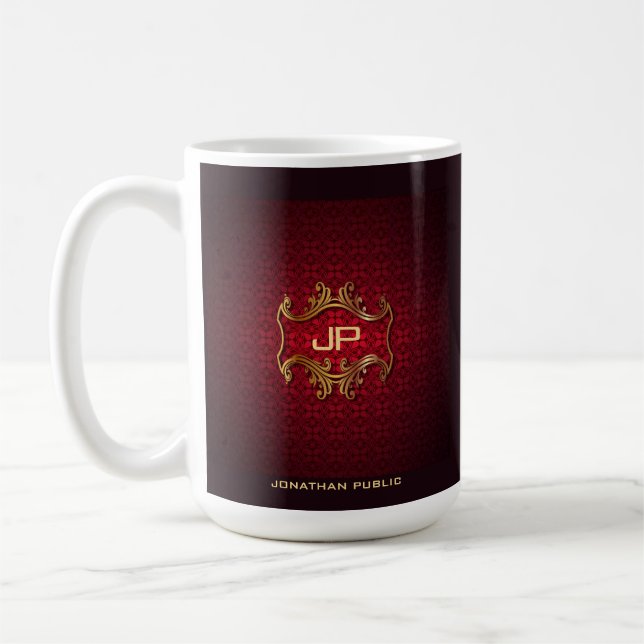 Taza De Café Elegante plantilla de monograma de damasco rojo cl (Izquierda)