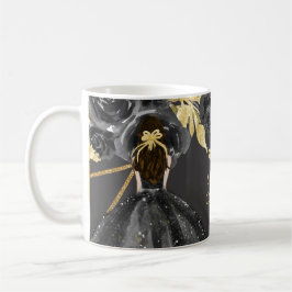 Taza De Café Elegante Princesa Floral de Oro Negro Quinceanera