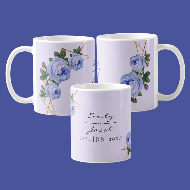 Taza De Café Elegante Purpurina de oro de alga floral geométric (Elegant Gold Glitter Geometric Blue Floral Wed Coffee Mug)