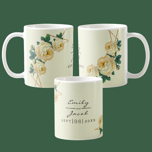 Taza De Café Elegante Purpurina de oro Geométrico Amarillo Flor (Elegant Gold Glitter Geometric Yellow Floral Wed Coffee Mug)