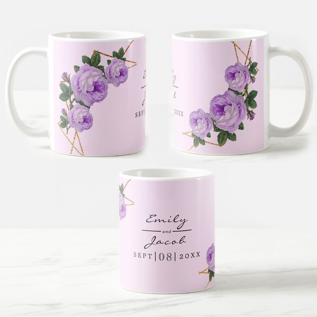Taza De Café Elegante Purpurina de oro Wed Floral Geométrica Pú (Elegant Gold Glitter Geometric Purple Floral Wed Coffee Mug)