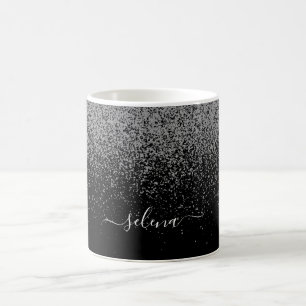Taza De Café Elegante Purpurina de Plata Negra Girly Monogramad