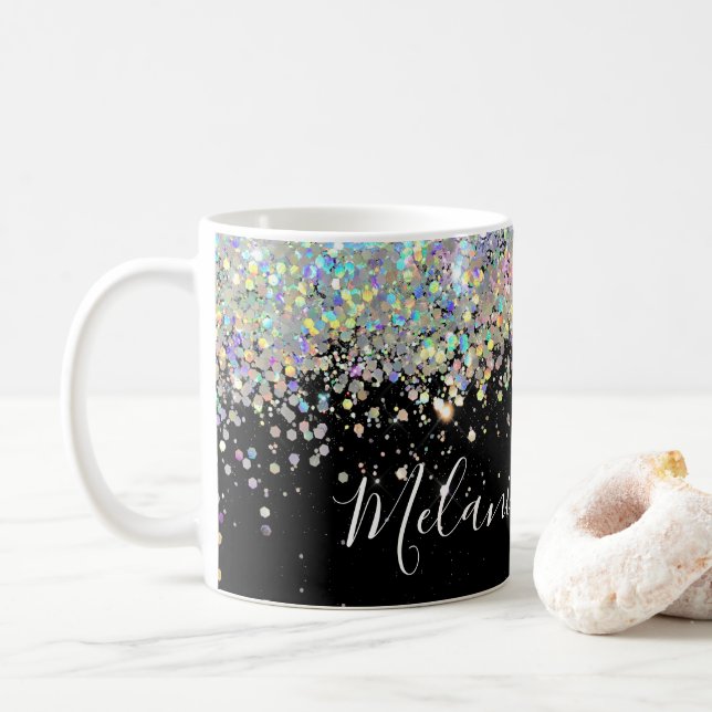 Taza De Café Elegante Purpurina Holográfico Nombre personalizad (Con donut)