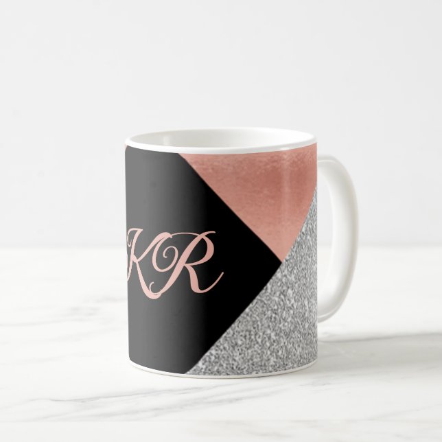 Taza De Café Elegante Purpurina Plata Rosada Caliente Monograma (Anverso derecho)