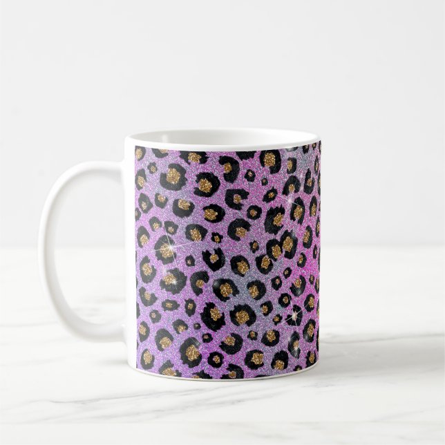 Taza De Café Elegante Purpurina rosa azul dorado Leopardo negro (Izquierda)