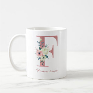 Taza De Café Elegante ramo de flores letra F rosa y marfil