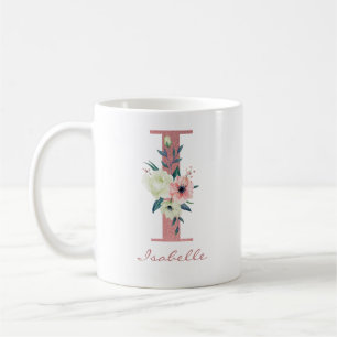 Taza De Café Elegante ramo de flores letra I rosa y marfil